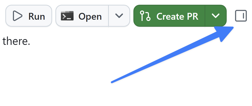 The GitHub Copilot app top toolbar with an arrow pointing to the Toggle review panel button to the right of Create PR