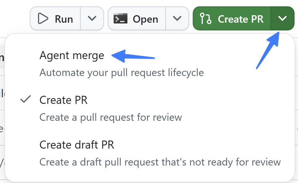The Create PR dropdown in the GitHub Copilot app expanded, with an arrow pointing to the Agent merge option