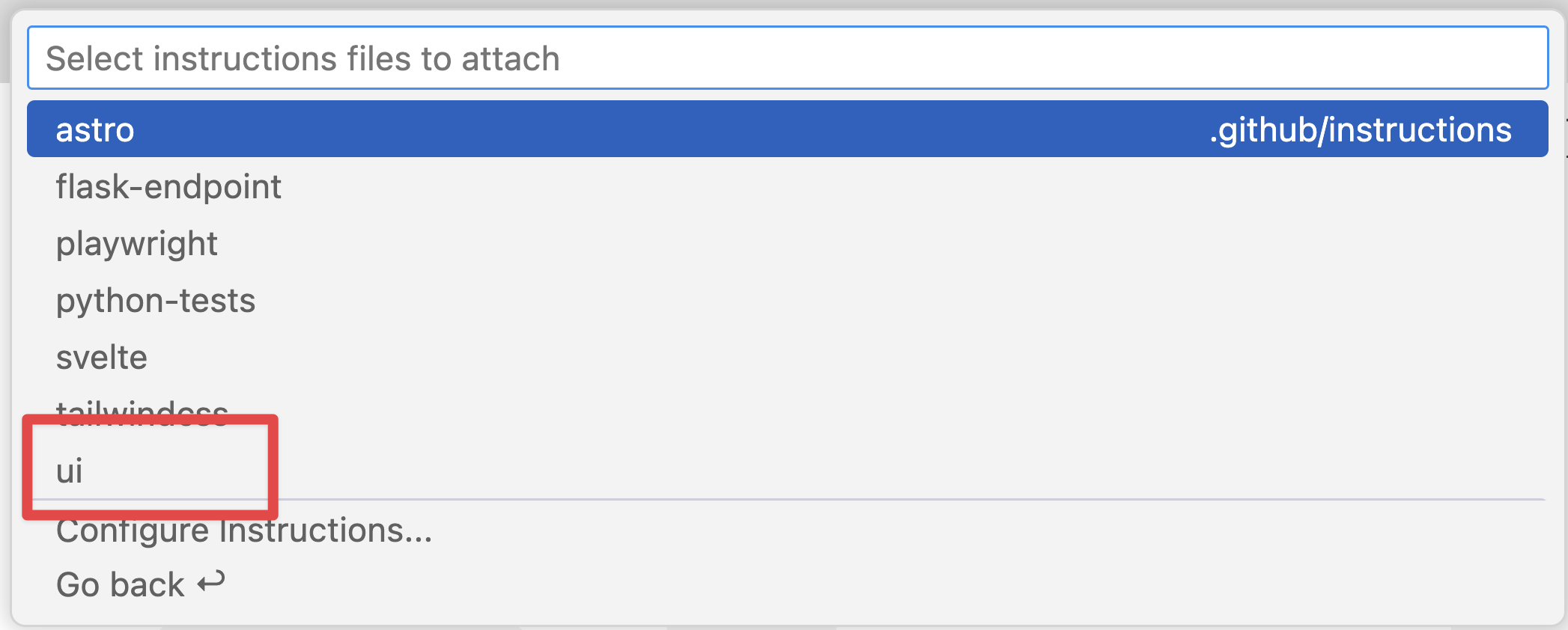 Screenshot showing an example of selecting the UI instructions file