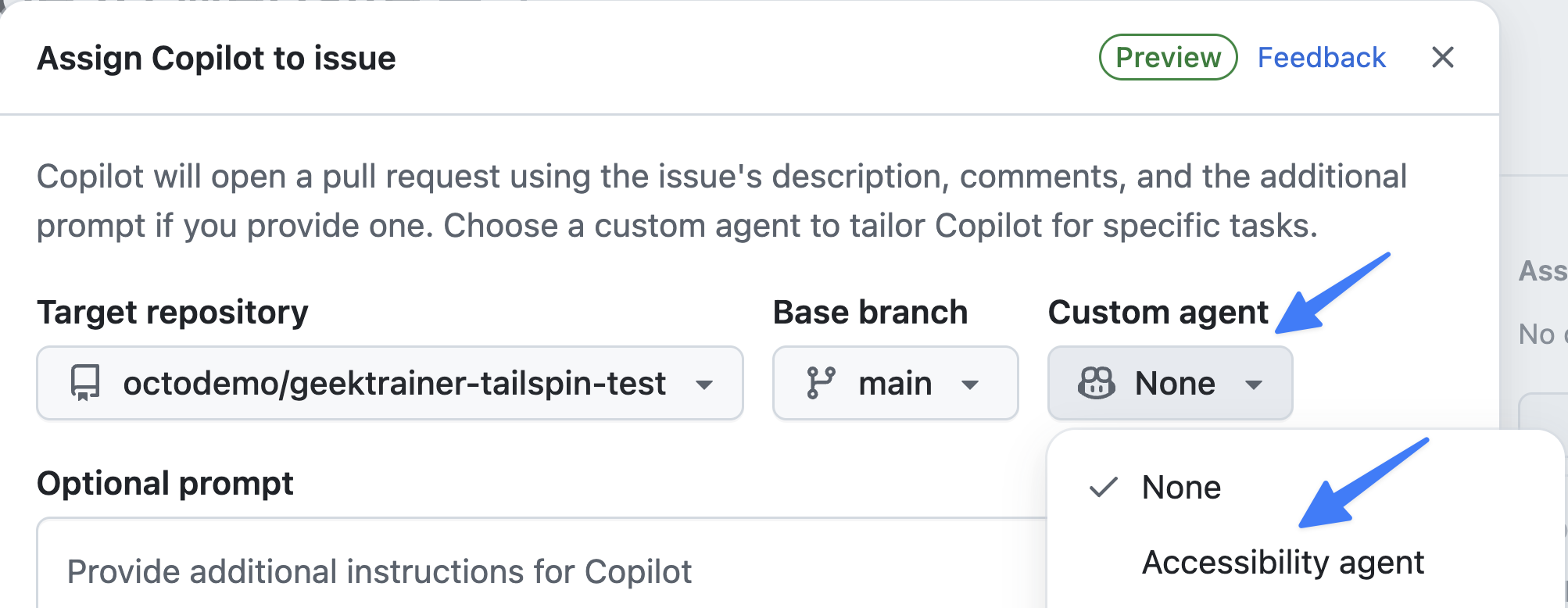 Screenshot of cloud agent assignment, with custom agent and accessibility highlighted