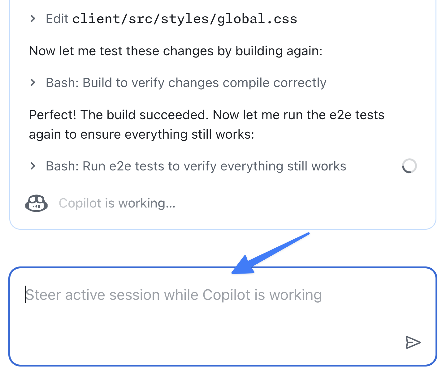Screenshot of the cloud agent task in the agents page with the steer active session while copilot is working dialog highlighted
